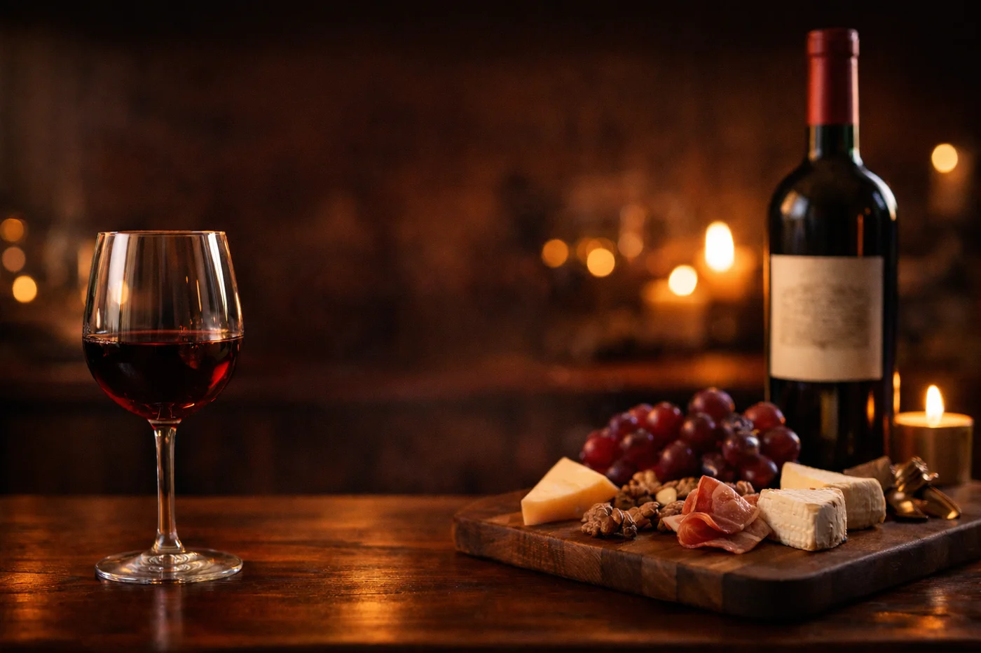 Scenă premium-elegant: atmosferă caldă, masă din lemn închis, vin roșu, fundal blurat